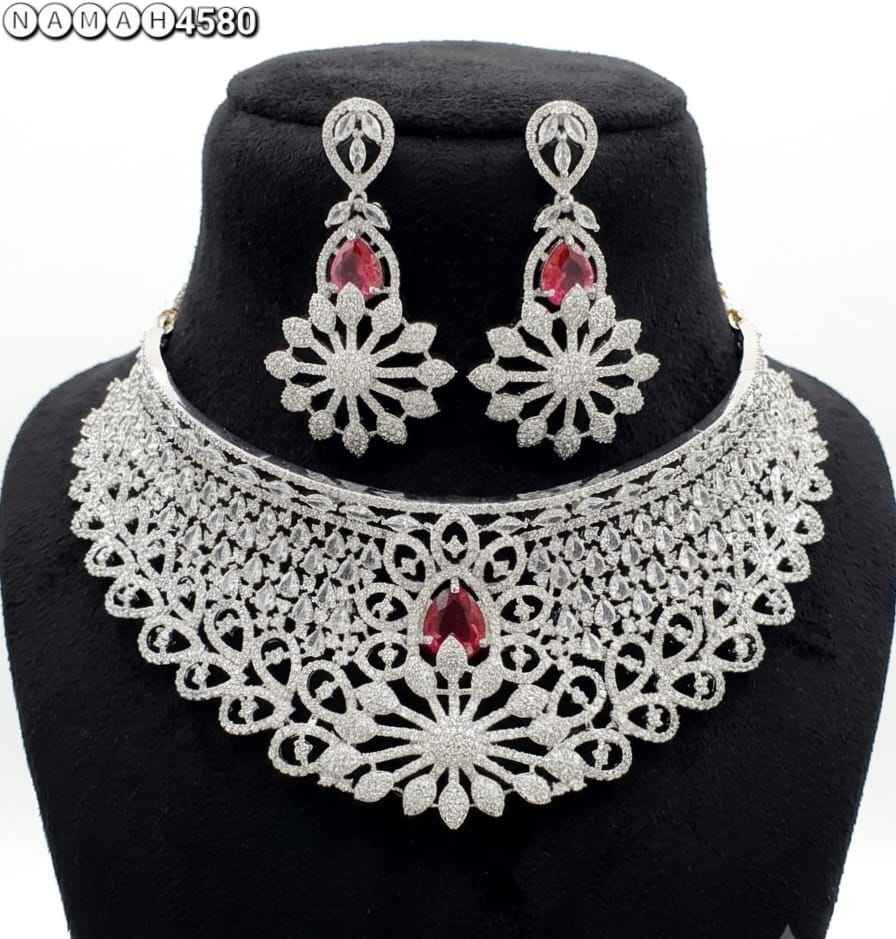 Red White American Diamond Necklace Jewellery Set