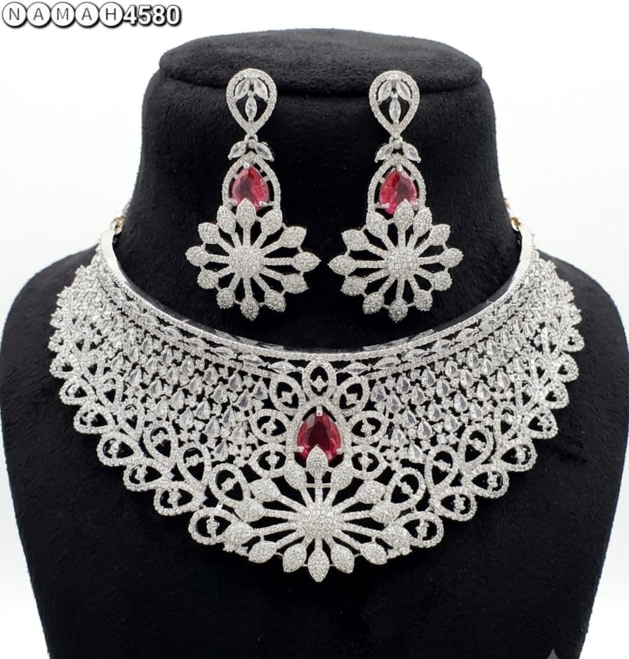 Red White American Diamond Necklace Jewellery Set