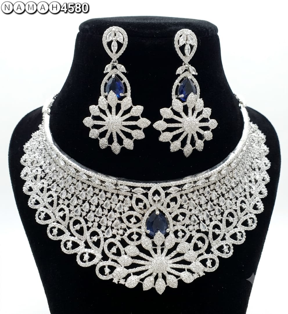 Blue White American Diamond Necklace Jewellery Set