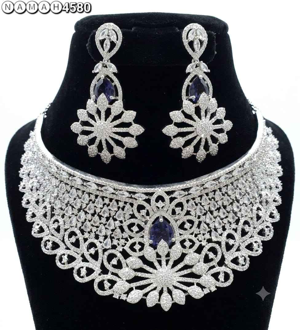 Navy White American Diamond Necklace Jewellery Set