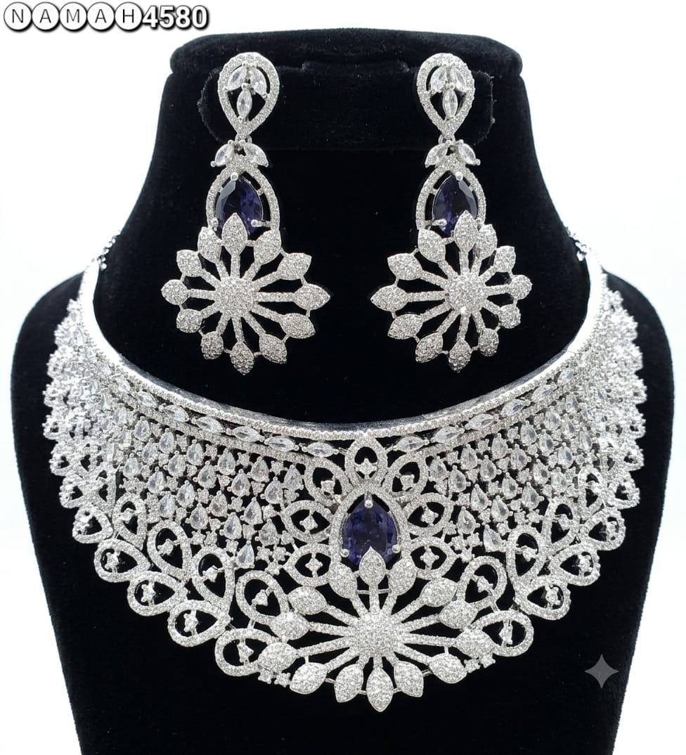 Navy White American Diamond Necklace Jewellery Set