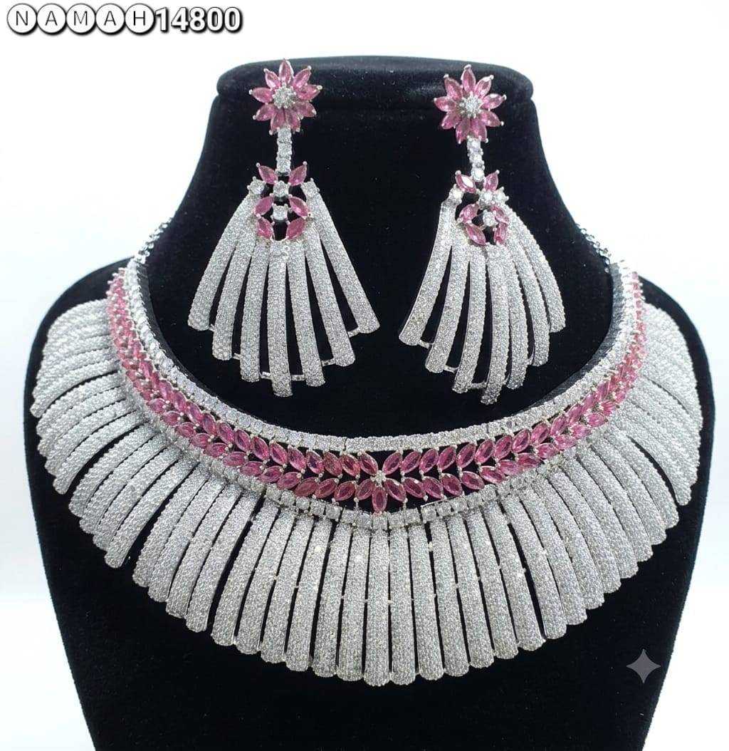 Purple White American Diamond Necklace Jewellery Set