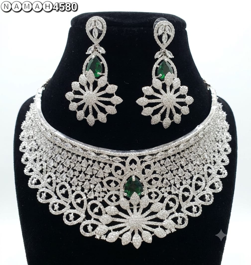 Green White American Diamond Necklace Jewellery Set