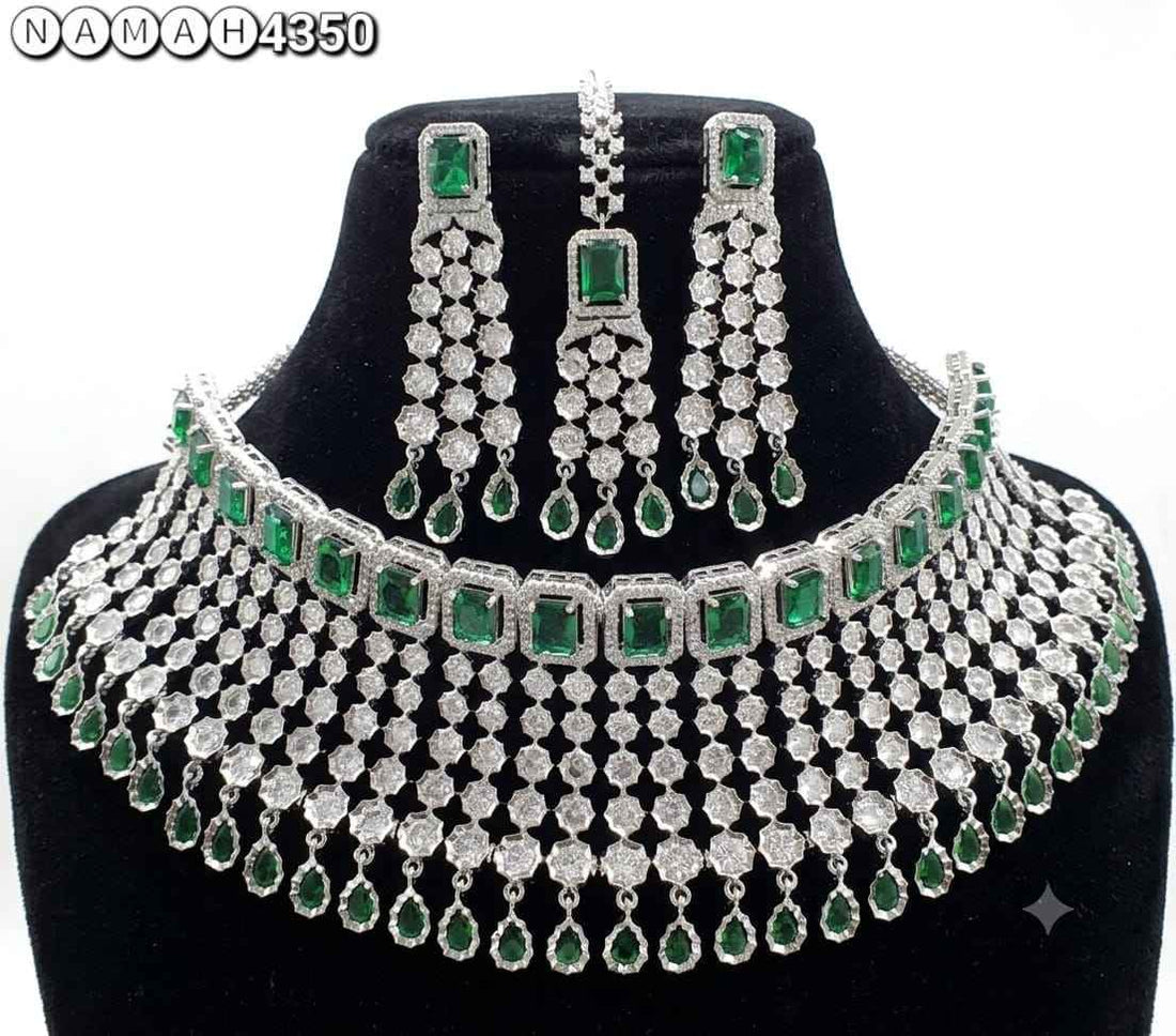 Green White American Diamond Necklace Jewellery Set