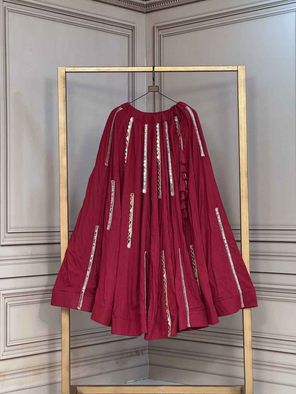 Red Pure Rayon Cotton With Multi Mirror Work Navratri Skirt