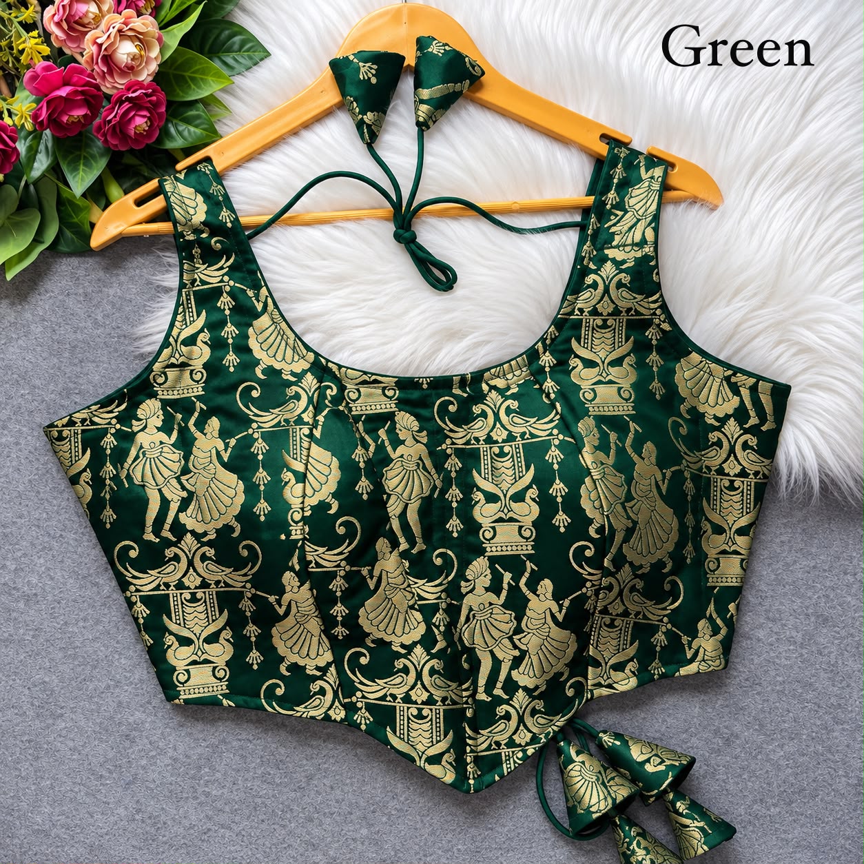 Green Pure Heavy King Khab Banarasi With Tricot Fuising Sleeveless Banarasi Blouse