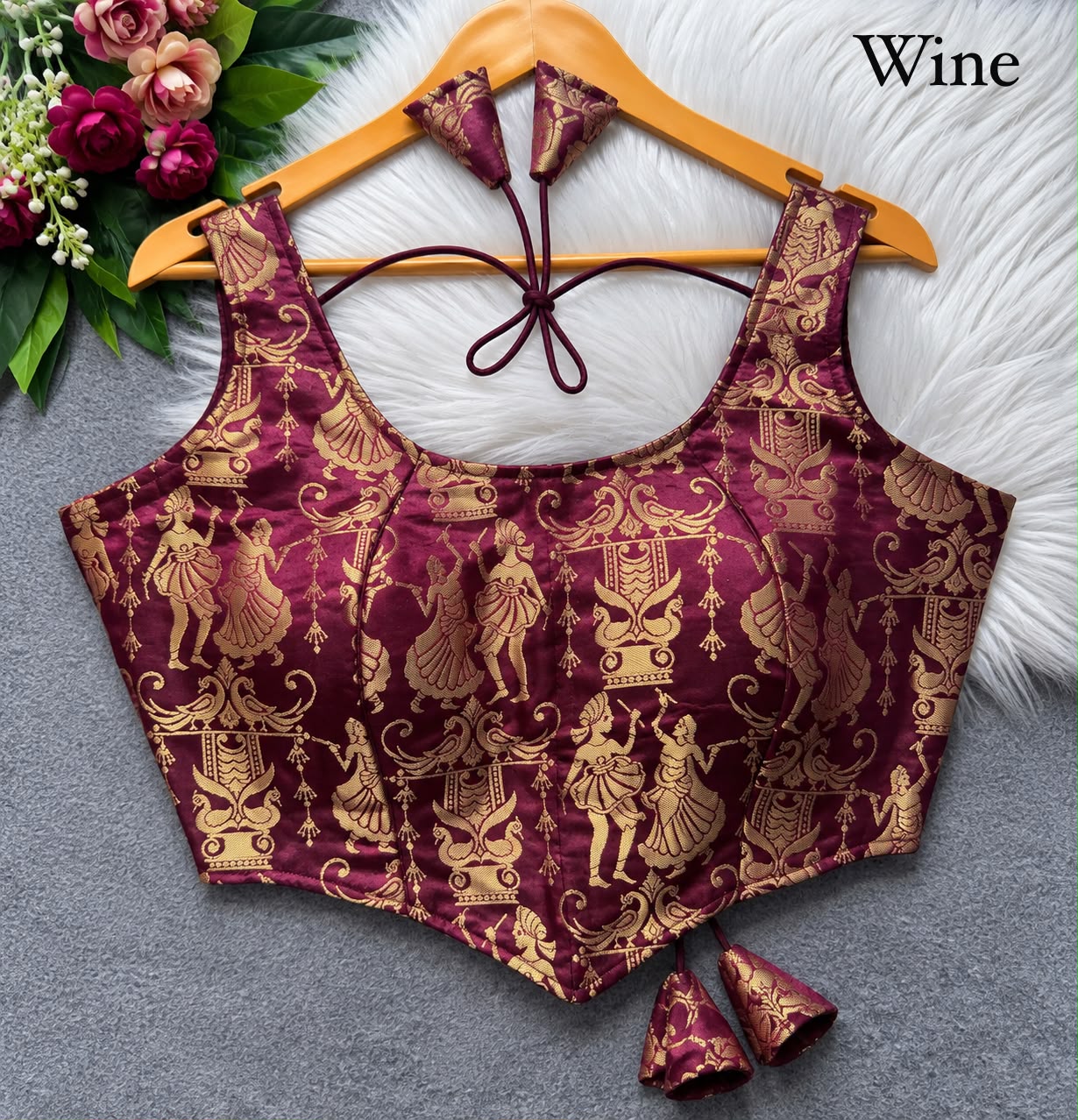 Wine Pure Heavy King Khab Banarasi With Tricot Fuising Sleeveless Banarasi Blouse