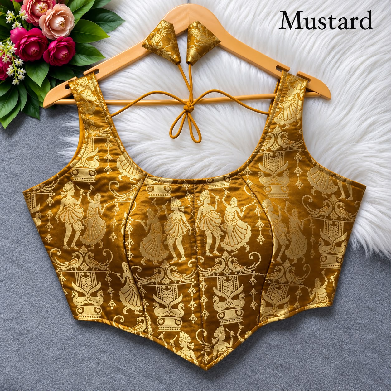 Mustard Pure Heavy King Khab Banarasi With Tricot Fuising Sleeveless Banarasi Blouse