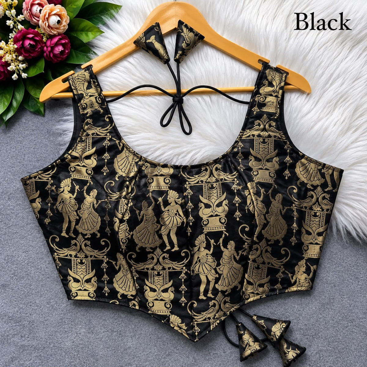 Black Pure Heavy King Khab Banarasi With Tricot Fuising Sleeveless Banarasi Blouse
