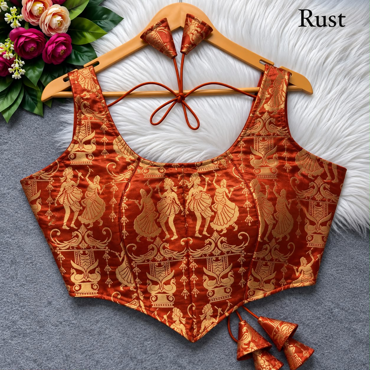Rust Pure Heavy King Khab Banarasi With Tricot Fuising Sleeveless Banarasi Blouse