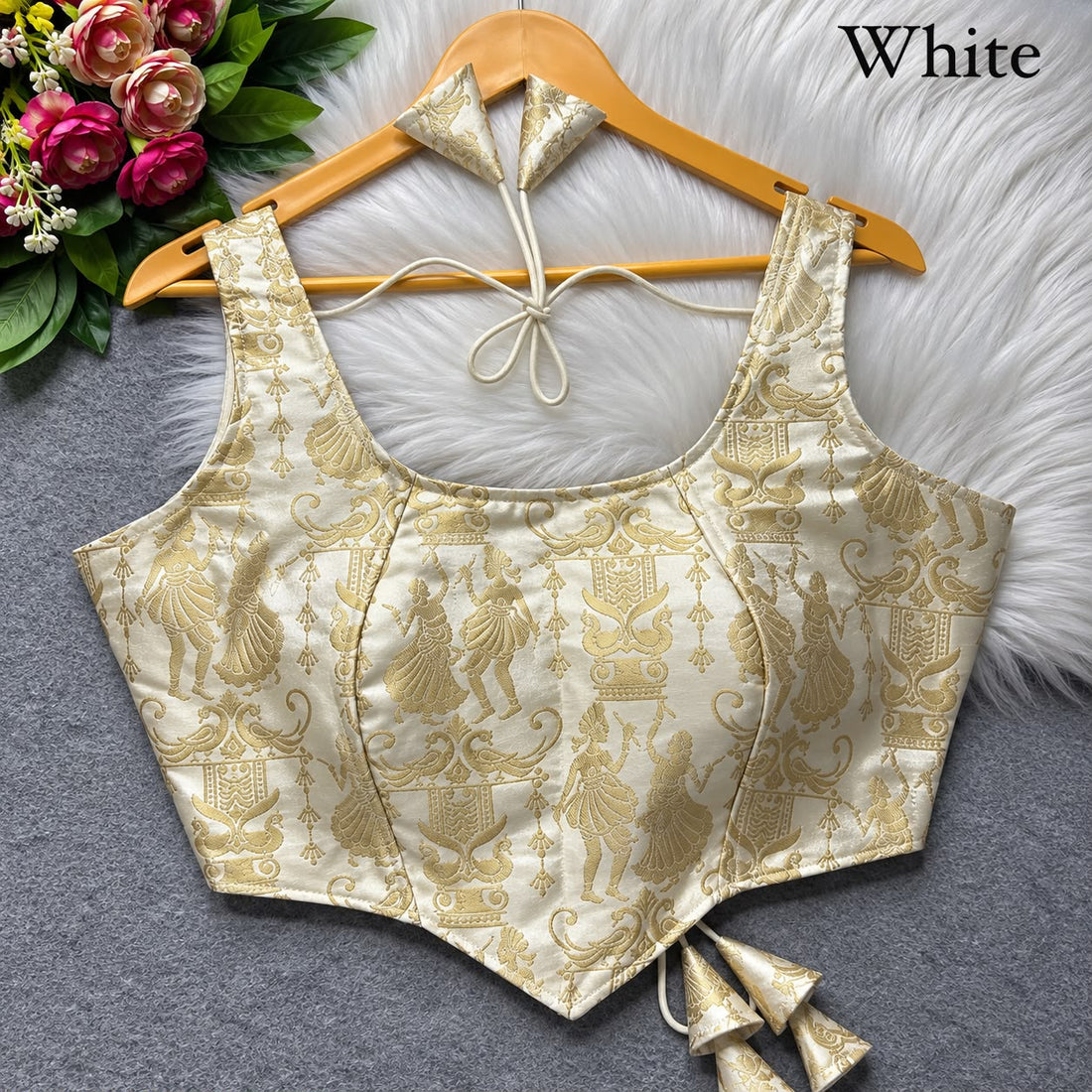White Pure Heavy King Khab Banarasi With Tricot Fuising Sleeveless Banarasi Blouse