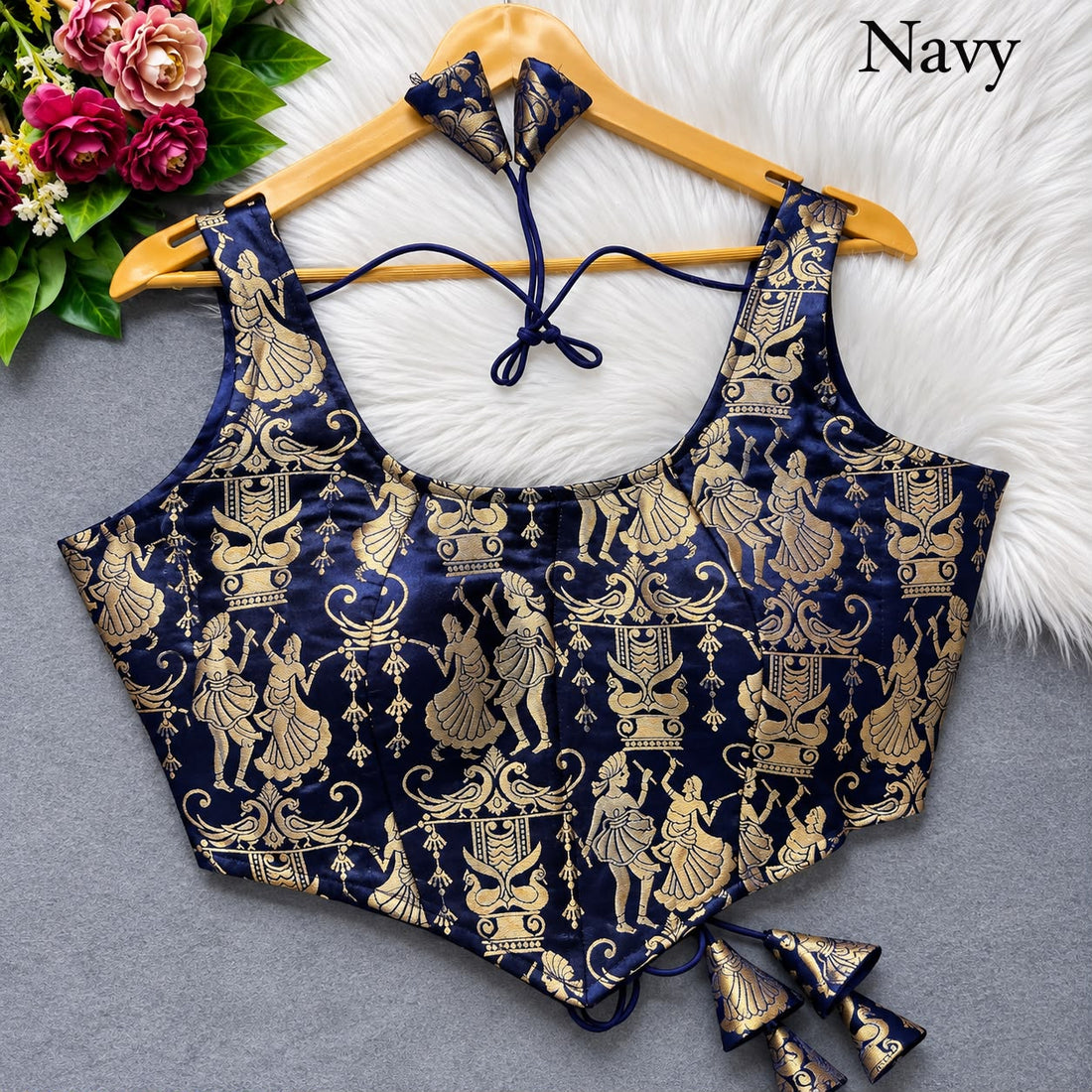 Navy Pure Heavy King Khab Banarasi With Tricot Fuising Sleeveless Banarasi Blouse