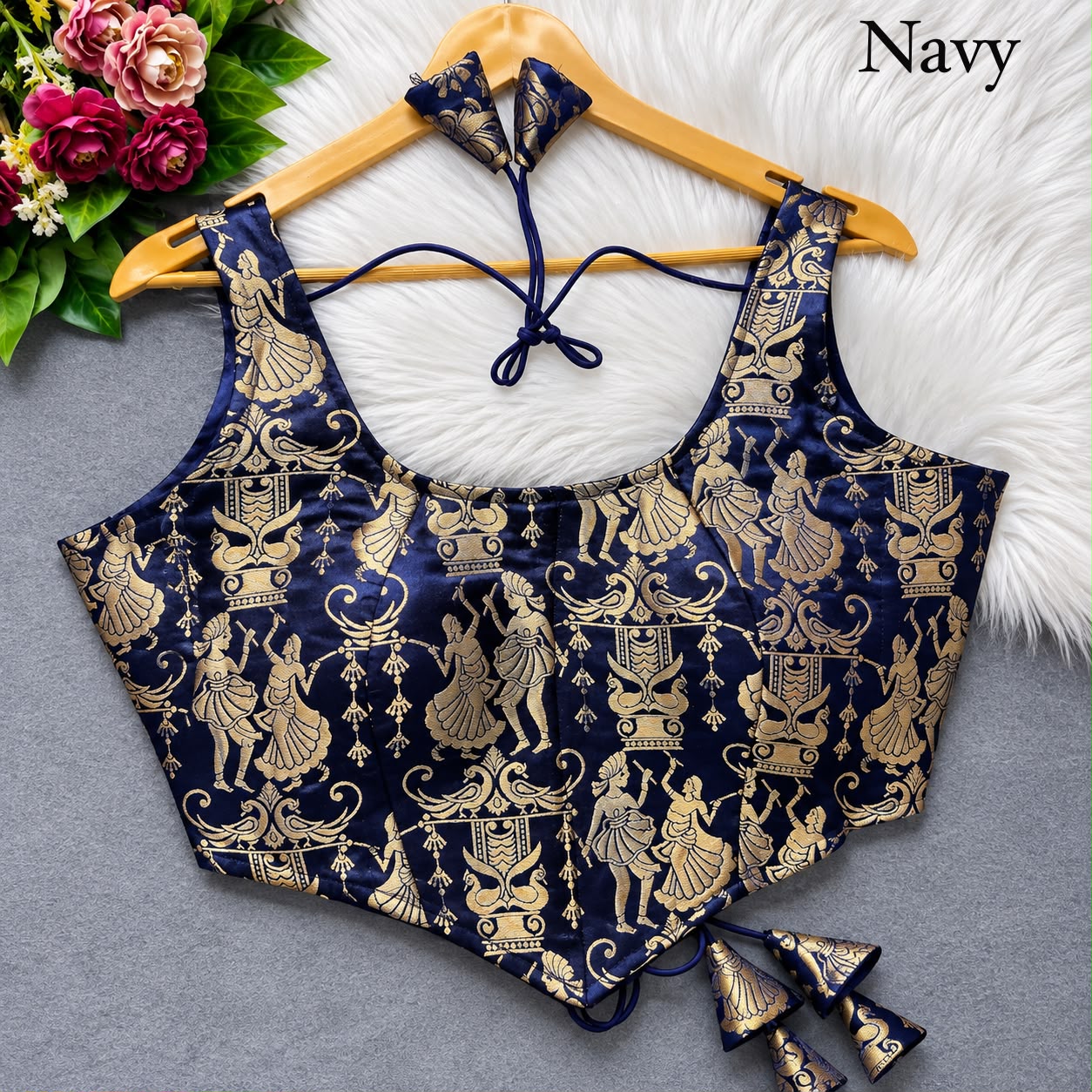 Navy Pure Heavy King Khab Banarasi With Tricot Fuising Sleeveless Banarasi Blouse