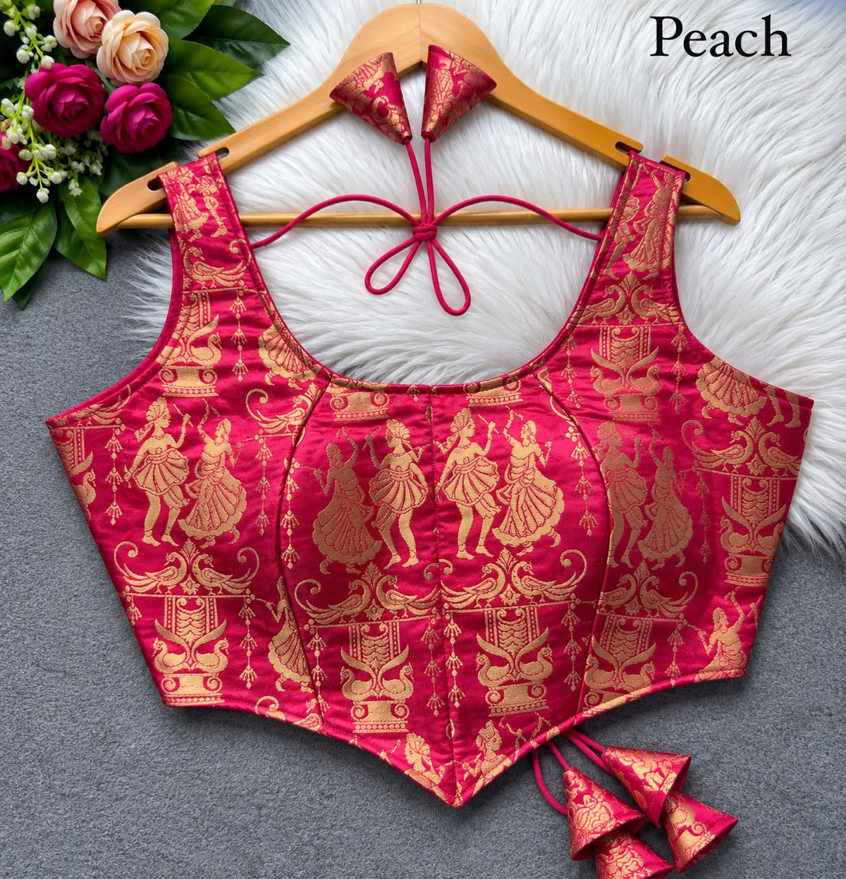Peach Pure Heavy King Khab Banarasi With Tricot Fuising Sleeveless Banarasi Blouse