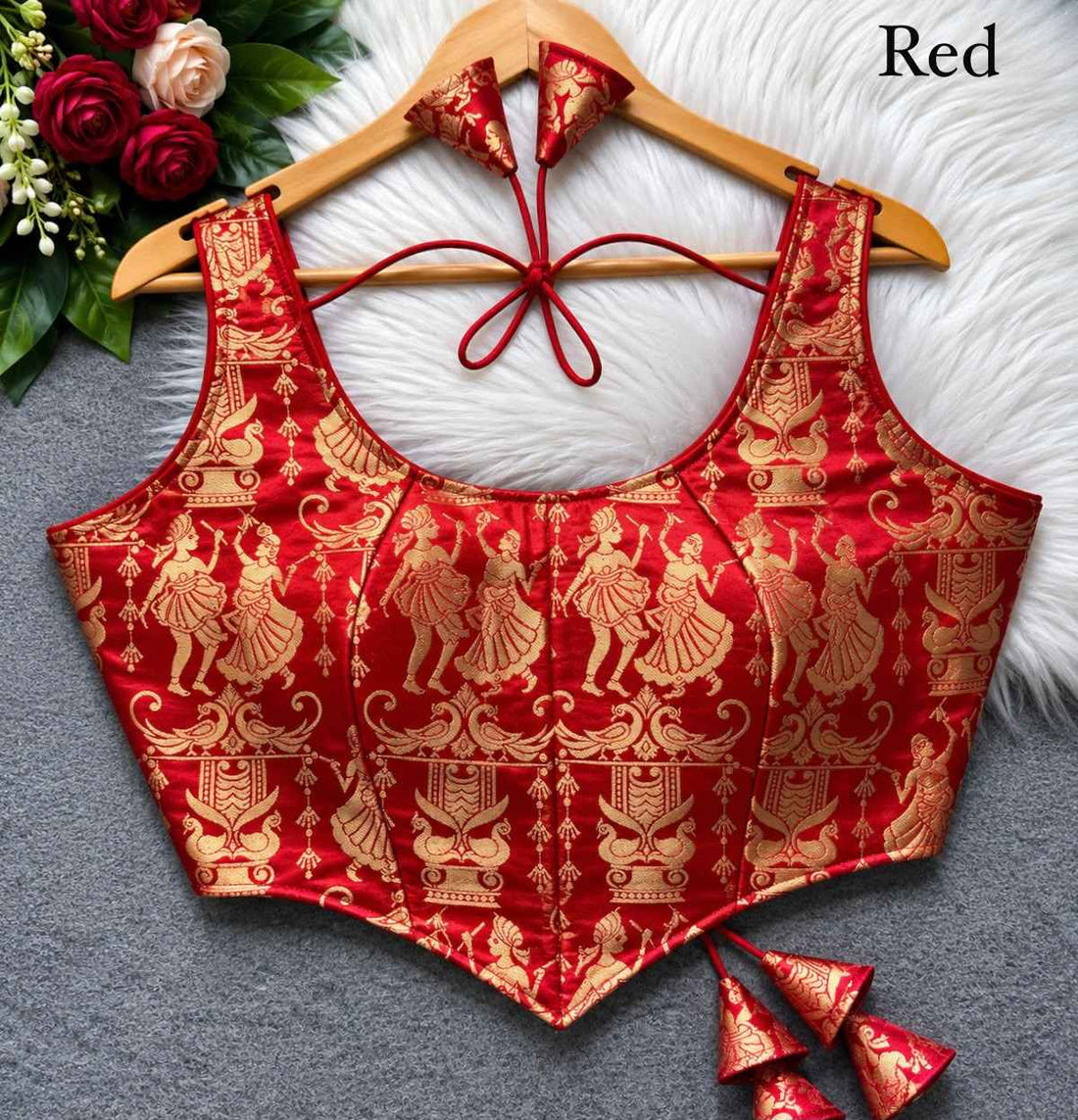 Red Pure Heavy King Khab Banarasi With Tricot Fuising Sleeveless Banarasi Blouse
