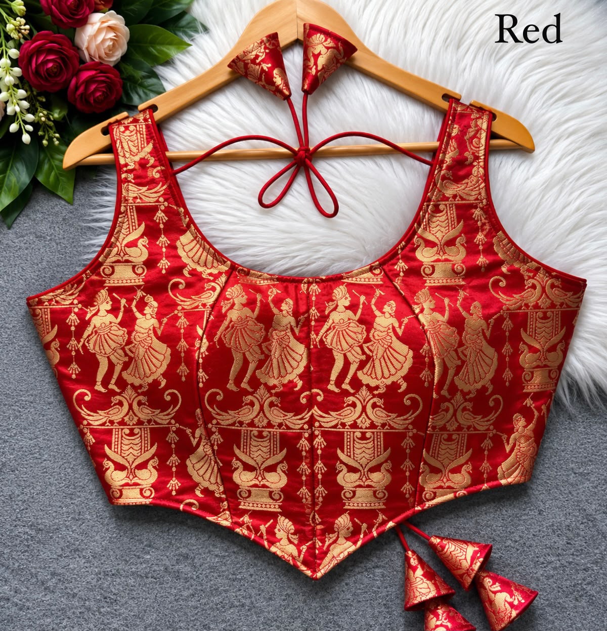 Red Pure Heavy King Khab Banarasi With Tricot Fuising Sleeveless Banarasi Blouse