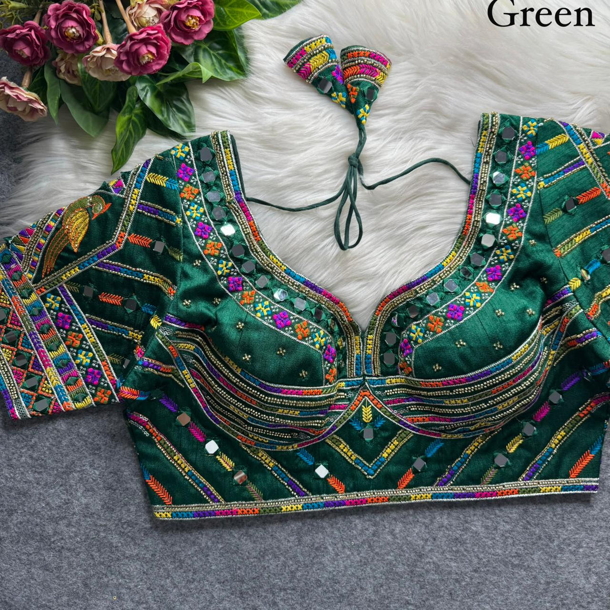 Green Pure Heavy Italian Soft Silk Beads Thread Real Mirror Work Navratri Blouse