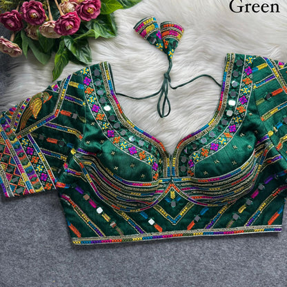 Green Pure Heavy Italian Soft Silk Beads Thread Real Mirror Work Navratri Blouse