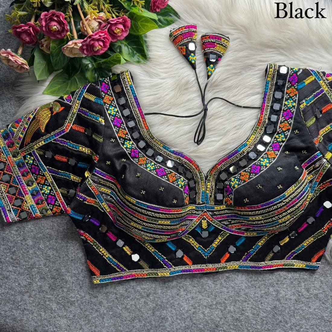 Black Pure Heavy Italian Soft Silk Beads Thread Real Mirror Work Navratri Blouse