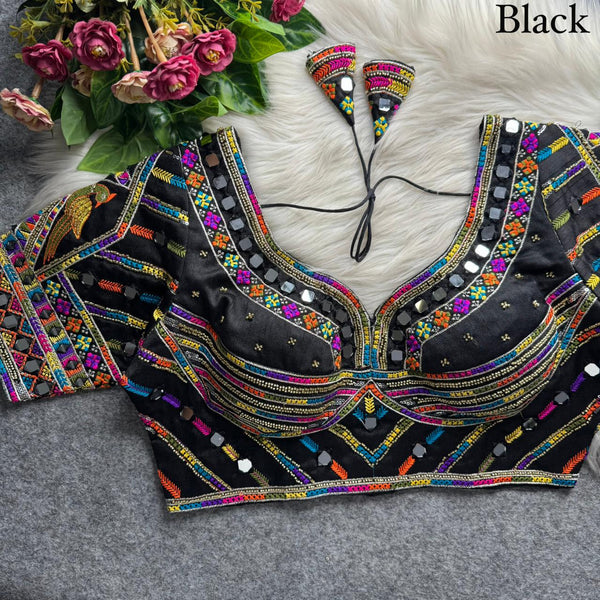 Black Pure Heavy Italian Soft Silk Beads Thread Real Mirror Work Navratri Blouse