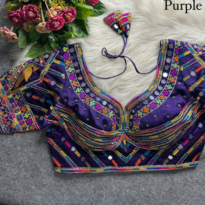 Purple Pure Heavy Italian Soft Silk Beads Thread Real Mirror Work Navratri Blouse