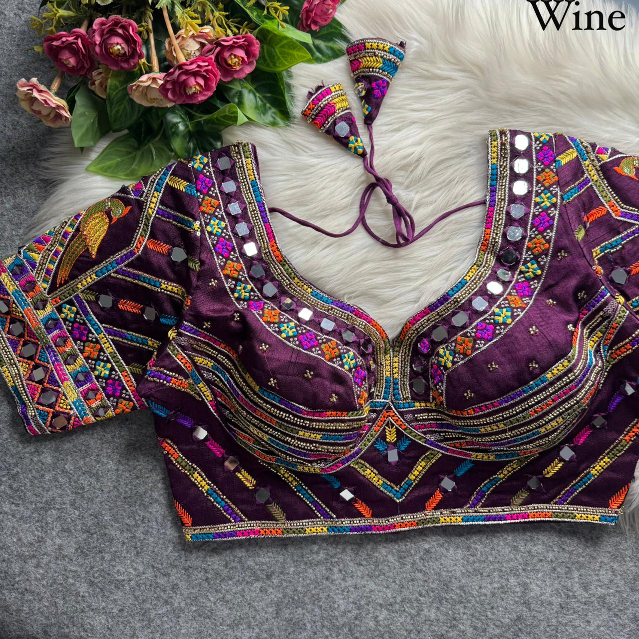 Wine Pure Heavy Italian Soft Silk Beads Thread Real Mirror Work Navratri Blouse