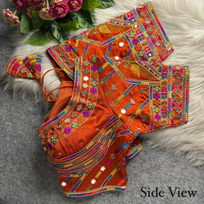 Rust Pure Heavy Italian Soft Silk Beads Thread Real Mirror Work Navratri Blouse