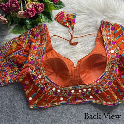 Rust Pure Heavy Italian Soft Silk Beads Thread Real Mirror Work Navratri Blouse