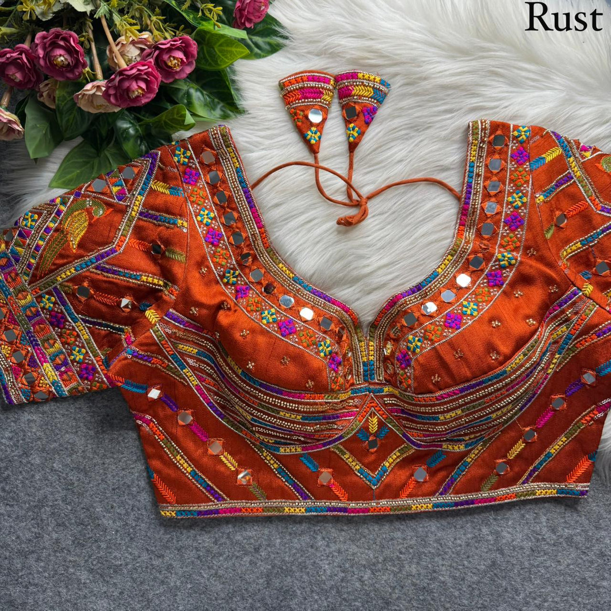 Rust Pure Heavy Italian Soft Silk Beads Thread Real Mirror Work Navratri Blouse