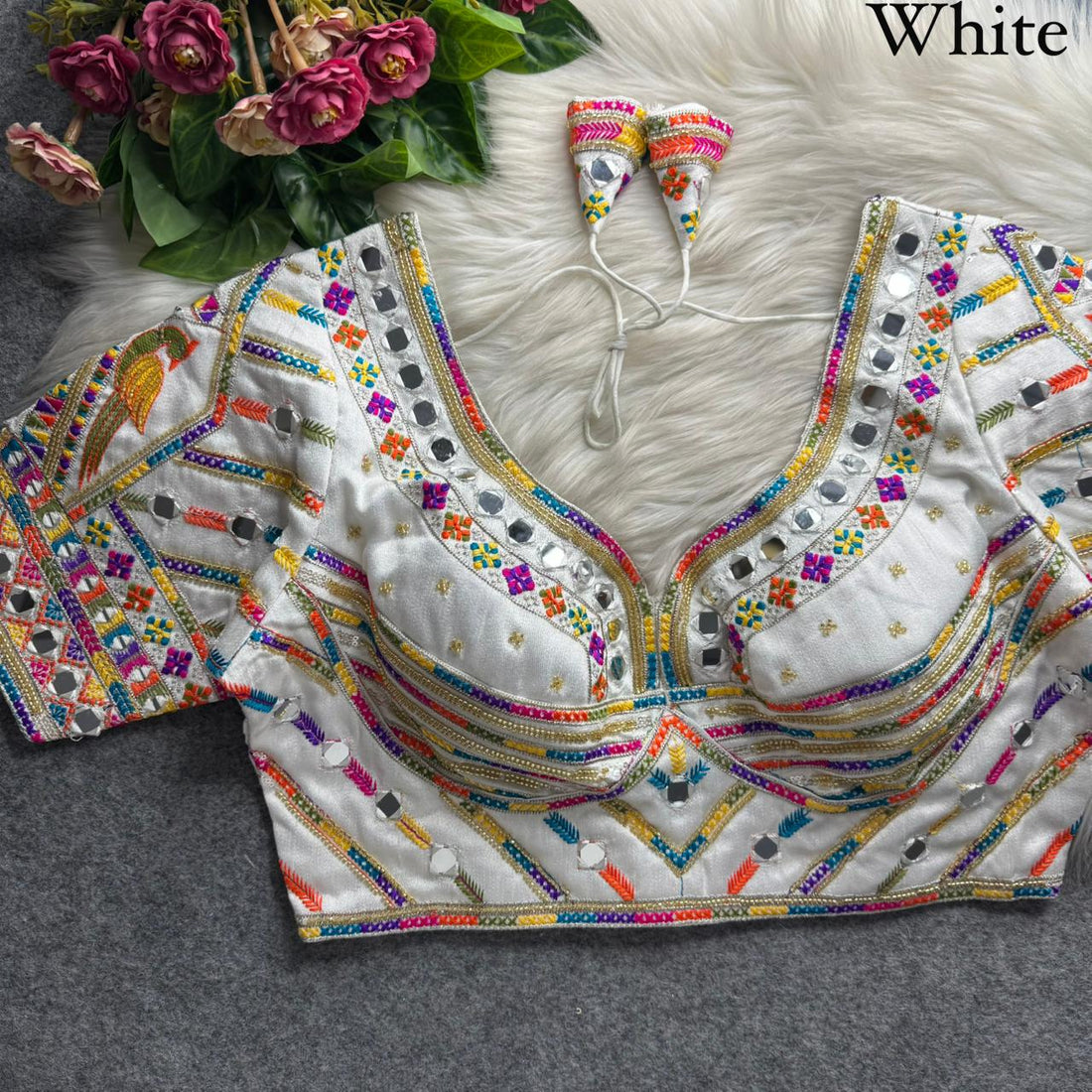 White Pure Heavy Italian Soft Silk Beads Thread Real Mirror Work Navratri Blouse