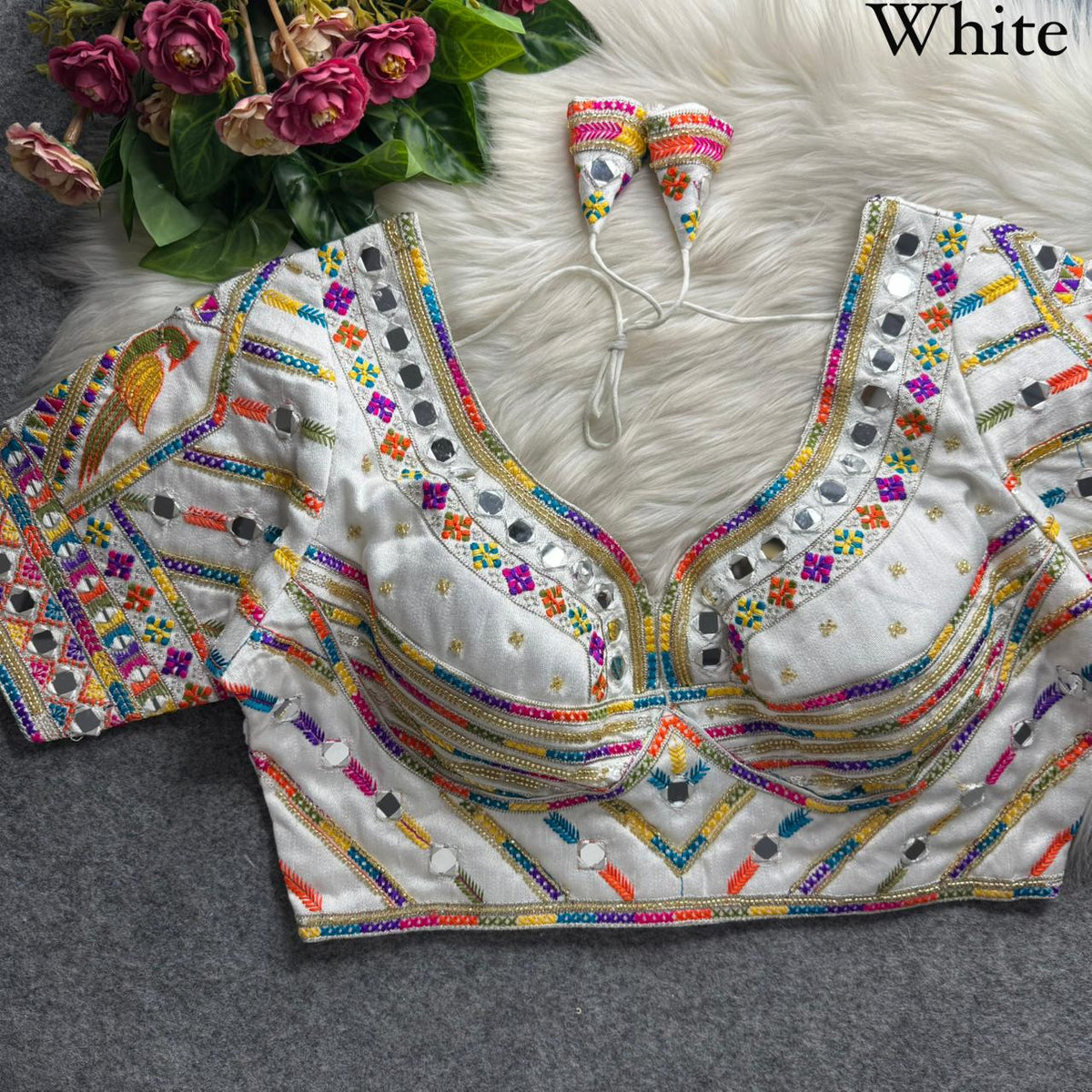 White Pure Heavy Italian Soft Silk Beads Thread Real Mirror Work Navratri Blouse