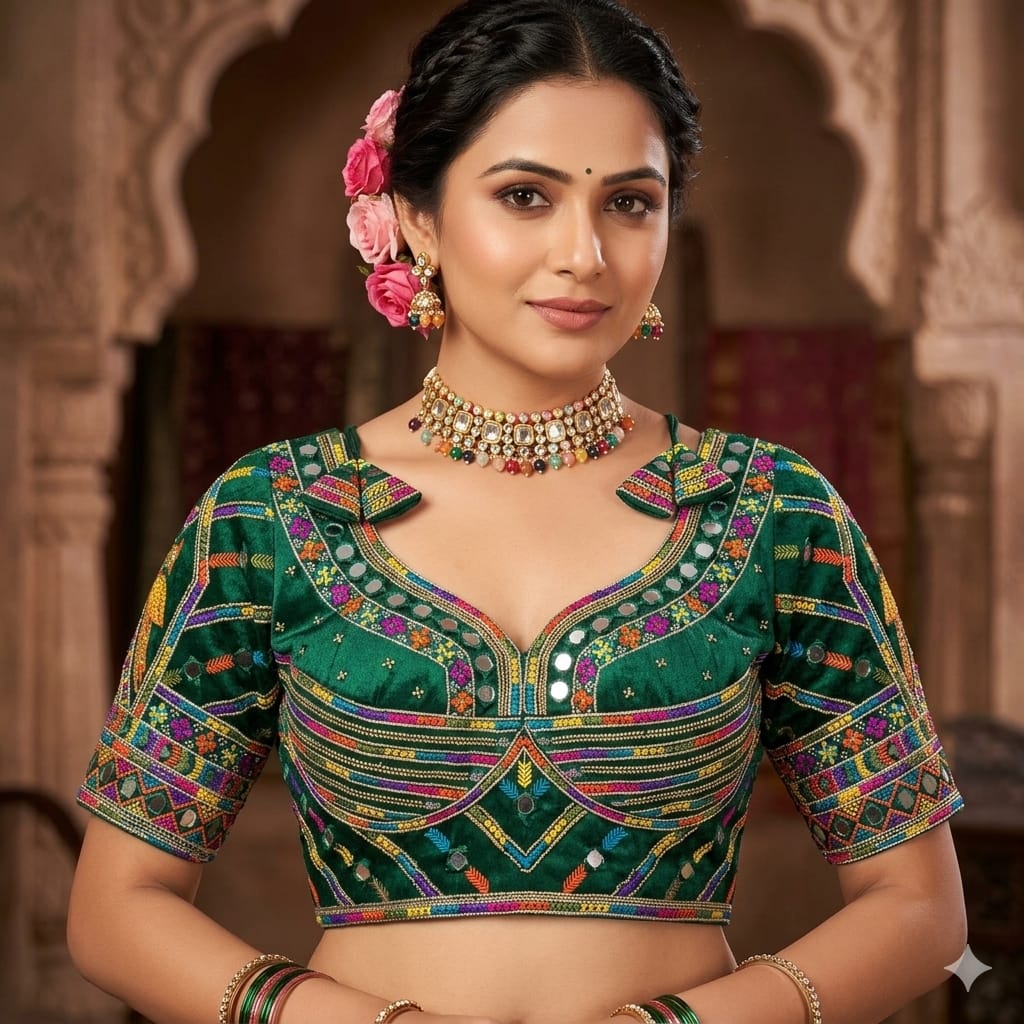 Green Pure Heavy Italian Soft Silk Beads Thread Real Mirror Work Navratri Blouse