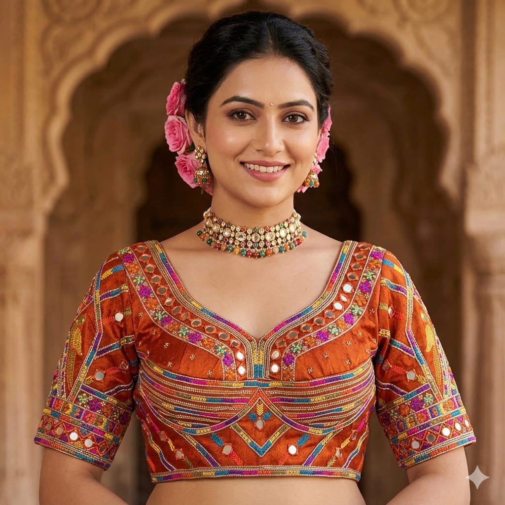 Rust Pure Heavy Italian Soft Silk Beads Thread Real Mirror Work Navratri Blouse