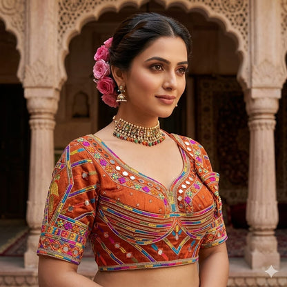 Rust Pure Heavy Italian Soft Silk Beads Thread Real Mirror Work Navratri Blouse