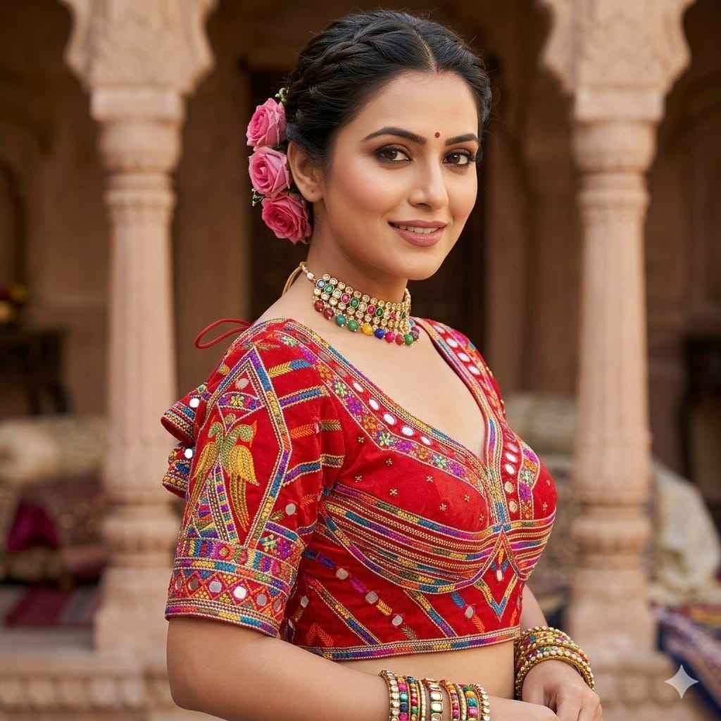 Red Pure Heavy Italian Soft Silk Beads Thread Real Mirror Work Navratri Blouse