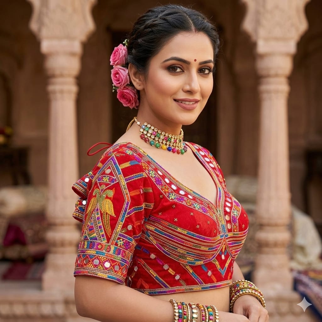 Red Pure Heavy Italian Soft Silk Beads Thread Real Mirror Work Navratri Blouse