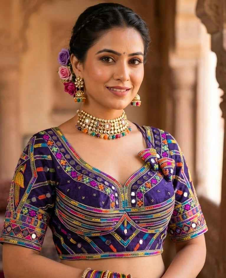 Purple Pure Heavy Italian Soft Silk Beads Thread Real Mirror Work Navratri Blouse