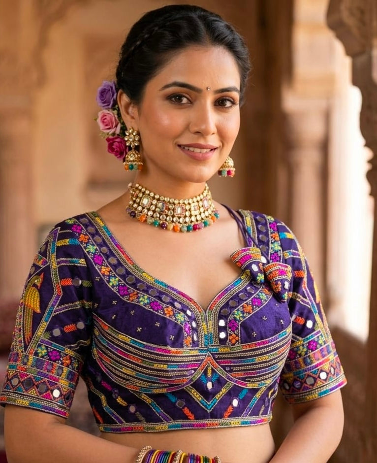 Purple Pure Heavy Italian Soft Silk Beads Thread Real Mirror Work Navratri Blouse