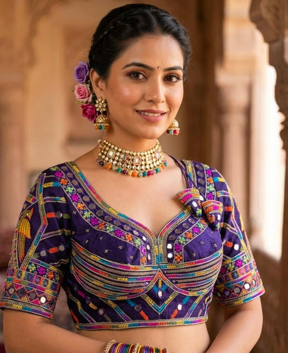 Purple Pure Heavy Italian Soft Silk Beads Thread Real Mirror Work Navratri Blouse