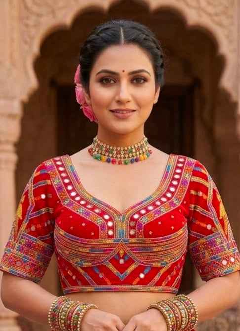 Red Pure Heavy Italian Soft Silk Beads Thread Real Mirror Work Navratri Blouse