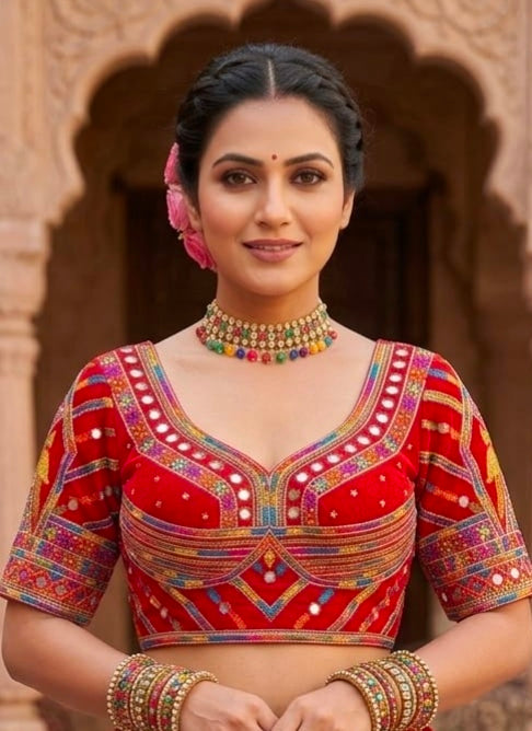 Red Pure Heavy Italian Soft Silk Beads Thread Real Mirror Work Navratri Blouse