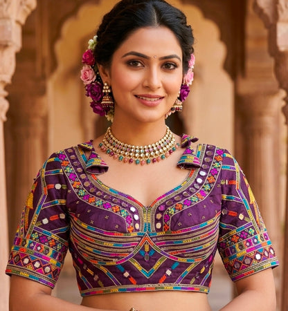 Wine Pure Heavy Italian Soft Silk Beads Thread Real Mirror Work Navratri Blouse
