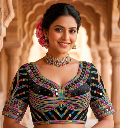 Black Pure Heavy Italian Soft Silk Beads Thread Real Mirror Work Navratri Blouse