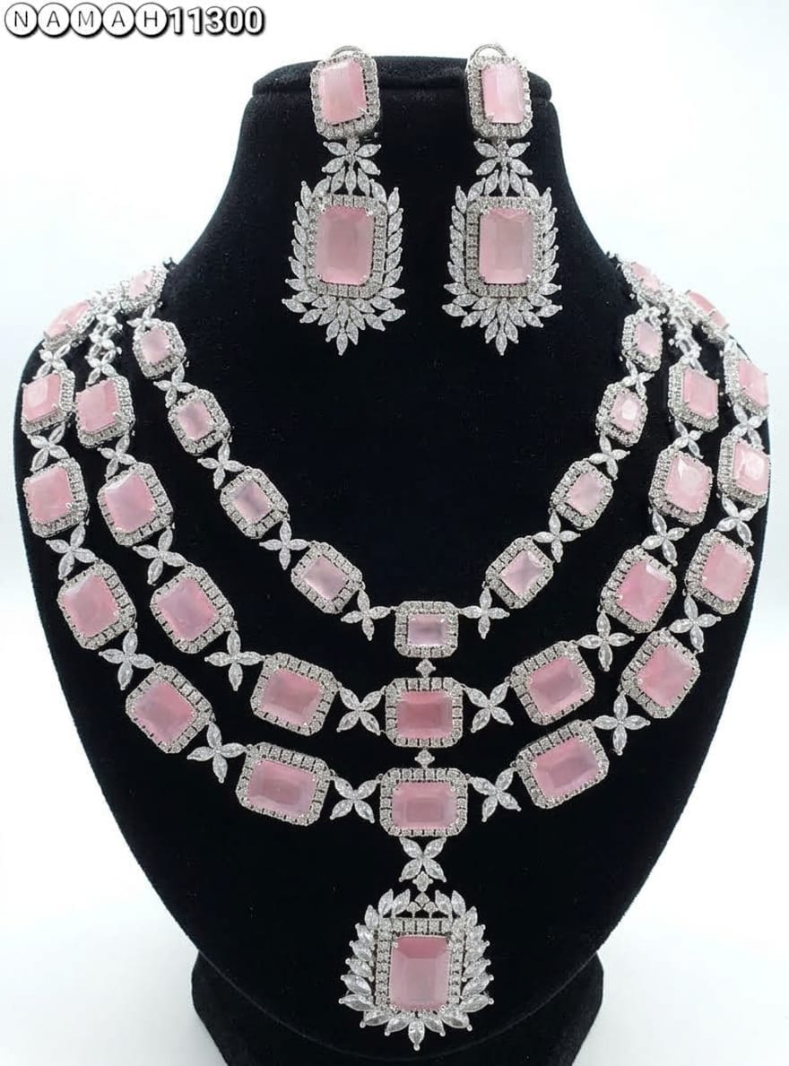 Pink American Diamond Necklace Jewellery Set