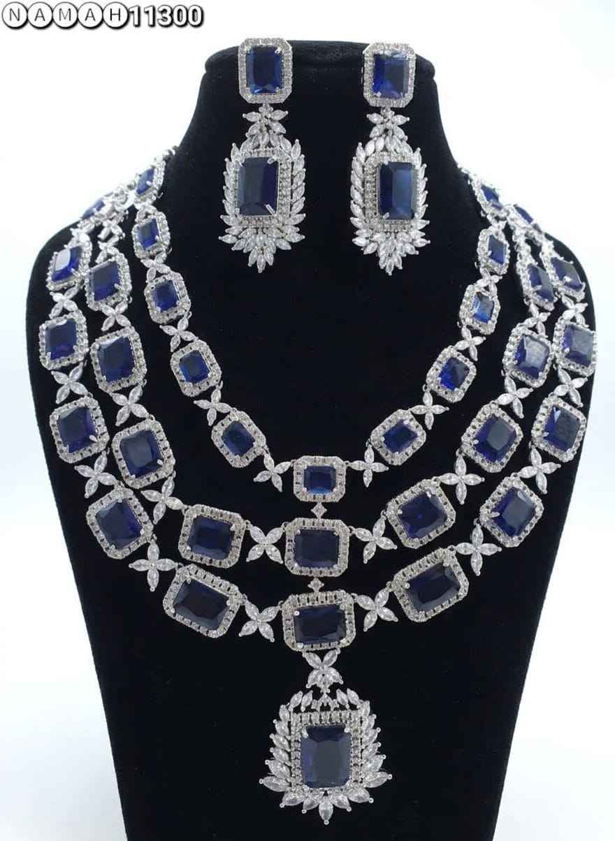 Blue American Diamond Necklace Jewellery Set