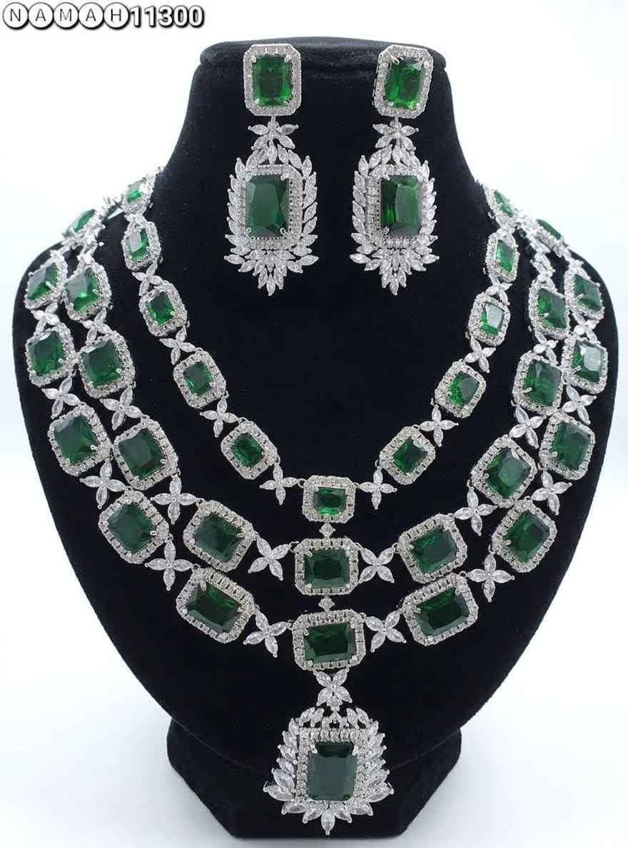 Green American Diamond Necklace Jewellery Set