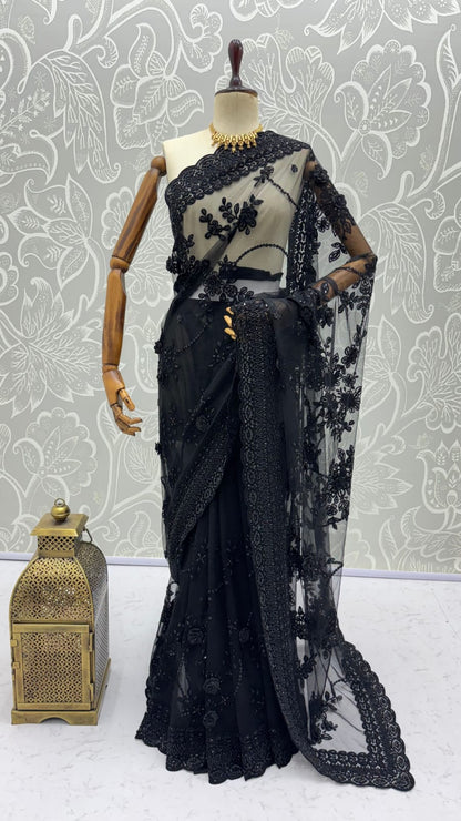 Black Pure Premium Net Handwork Flower sequins Long Pan Patti Sequins Beads Work Wedding Saree