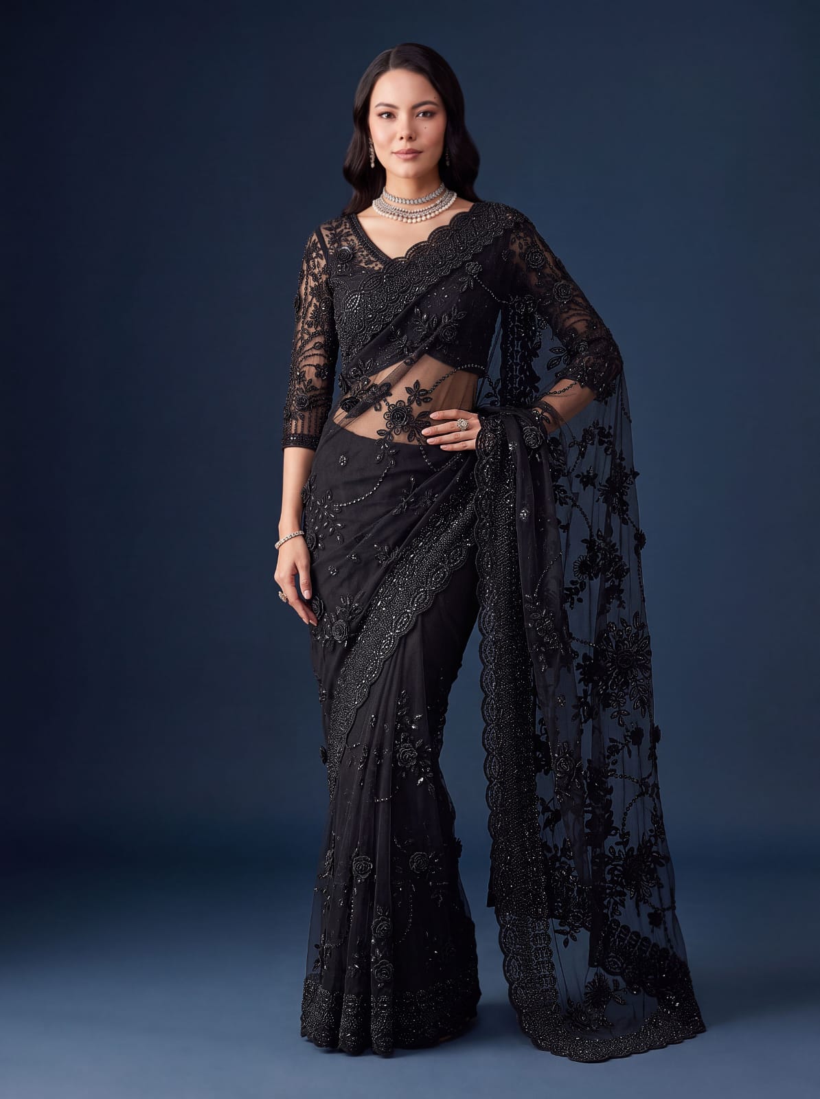 Black Pure Premium Net Handwork Flower sequins Long Pan Patti Sequins Beads Work Wedding Saree