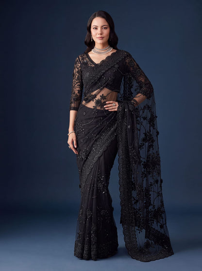 Black Pure Premium Net Handwork Flower sequins Long Pan Patti Sequins Beads Work Wedding Saree