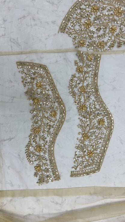 Golden Pure Premium Net Handwork Flower sequins Long Pan Patti Sequins Beads Work Wedding Saree